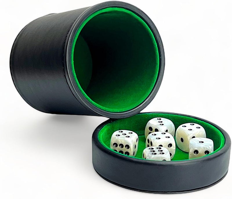 Black Leather Dice Cup with Lid Including 6 Matching Pearl Dice - Green Velvet Interior for Quiet Shaking - Use for Liars Dice Farkle Yahtzee Board Games